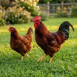 พ่อแม่พันธุ์ไก่ไข่ตัวสีแดง ไก่โรดไอแลนด์เรด (Rhode Island Red) เป็นสายพันธุ์ไก่ยอดนิยมจากสหรัฐอเมริกาที่เลี้ยงได้ทั้งเพื่อไข่และเนื้อ โดดเด่นด้วยขนสีน้ำตาลแดงเข้ม ทนต่อสภาพอากาศ เลี้ยงง่าย ไข่ดก ให้ไข่เปลือกสีน้ำตาลประมาณ 220-300 ฟองต่อปี และยังเป็นแม่ไก่ที่ฟักไข่เก่งอีก - สุพรรณบุรี รูปที่ 1