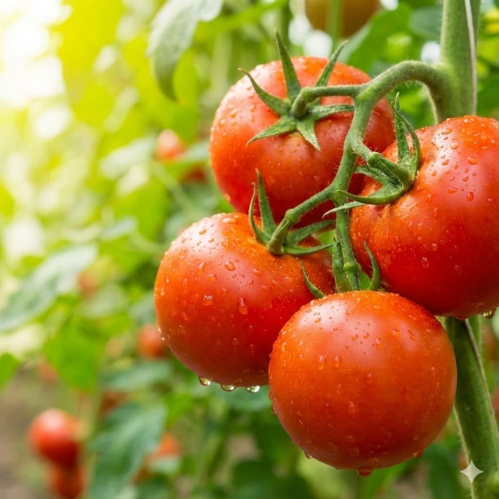 ผลมะเขือเทศสีแดงสดสุกคาต้นเป็นพวง มีหยดน้ำเกาะแสดงถึงความสดใหม่ ในสวนผักสวนครัวยามเช้า