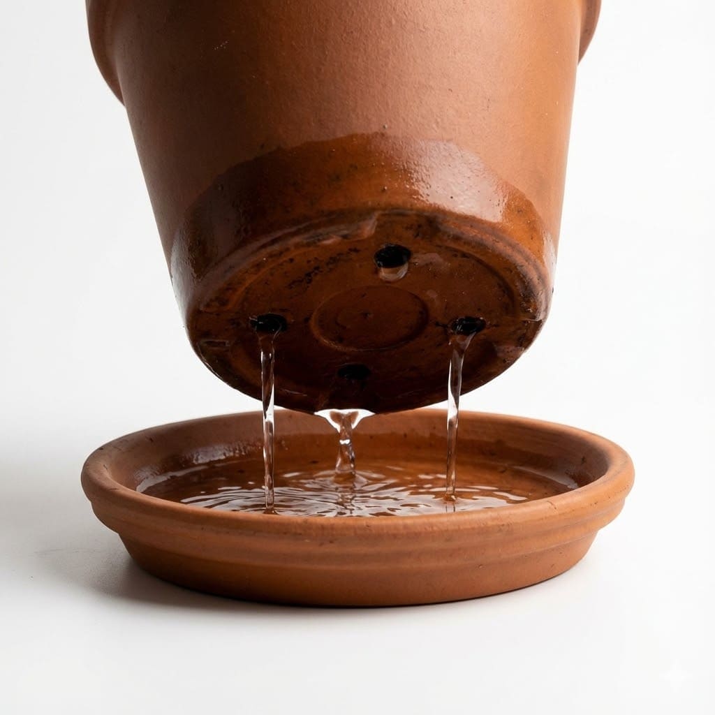 น้ำไหลออกจากรูก้นกระถางหลังรดน้ำต้นไม้