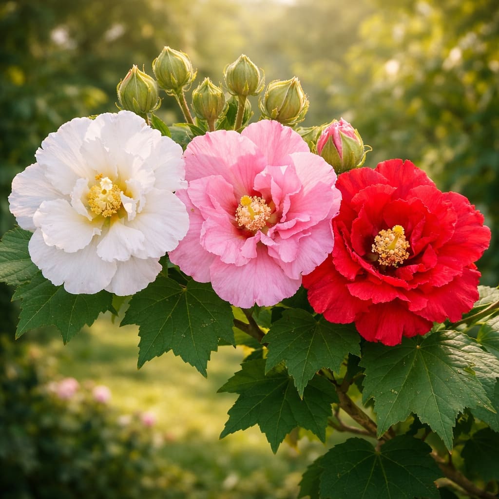 ดอกพุดตาน Hibiscus mutabilis เปลี่ยนสีจากขาว ชมพู และแดง บนกิ่งเดียวกัน