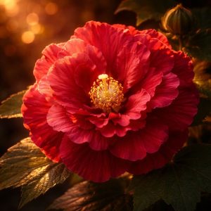 ดอกพุดตานสีแดงเข้มยามเย็น แสงอาทิตย์ตกสีทอง