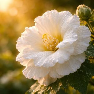 ดอกพุดตานสีขาวบานยามเช้า มีหยดน้ำค้างบนกลีบดอก แสงอาทิตย์ขึ้น