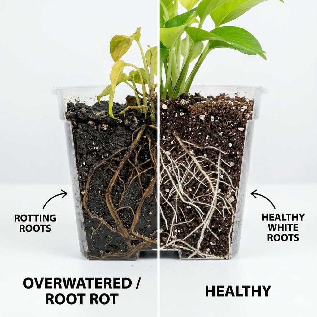 รากต้นไม้เน่าจากการรดน้ำมากเกินไป เปรียบเทียบรากเสียกับรากสุขภาพดี