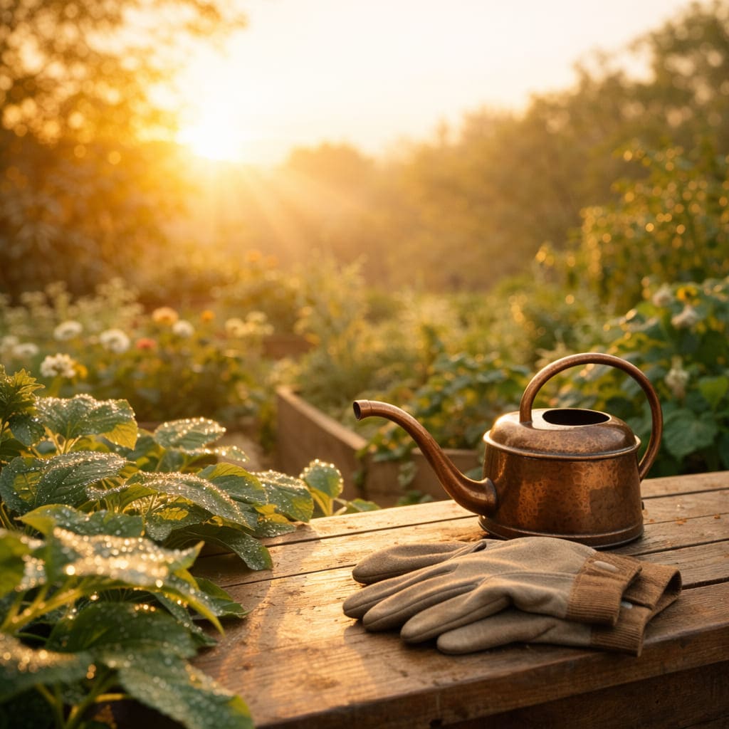 รดน้ำต้นไม้ตอนเช้า 6-8 โมง แสงแดดอ่อนส่องสวน