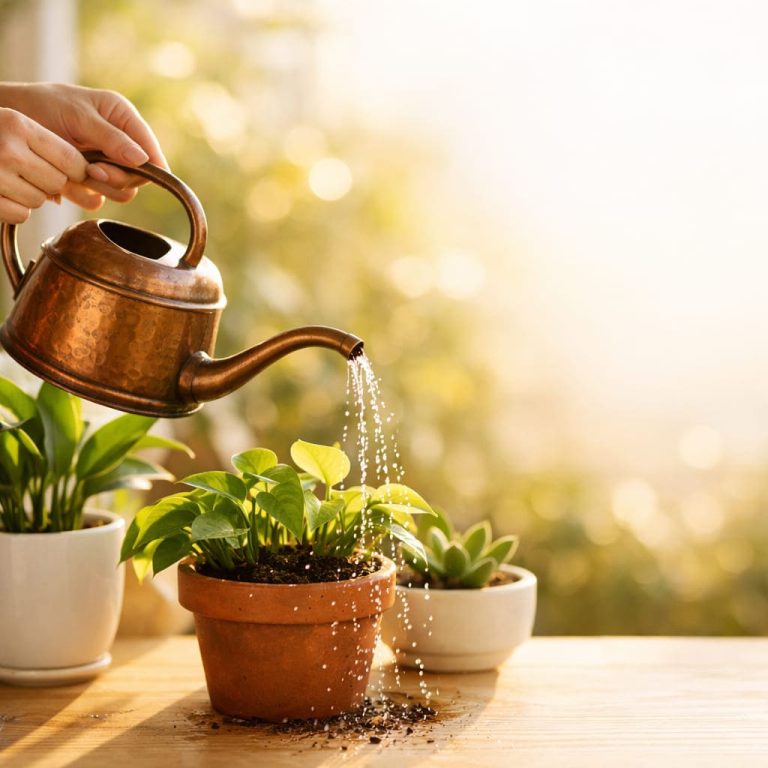 วิธีรดน้ำต้นไม้ที่ถูกต้อง มือถือบัวรดน้ำรดต้นไม้ในกระถางตอนเช้า