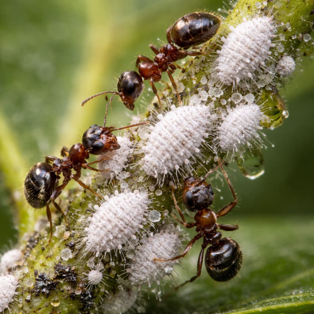 มดกำลังดูแลเพลี้ยแป้งบนลำต้น แสดงความสัมพันธ์แบบพึ่งพาอาศัย