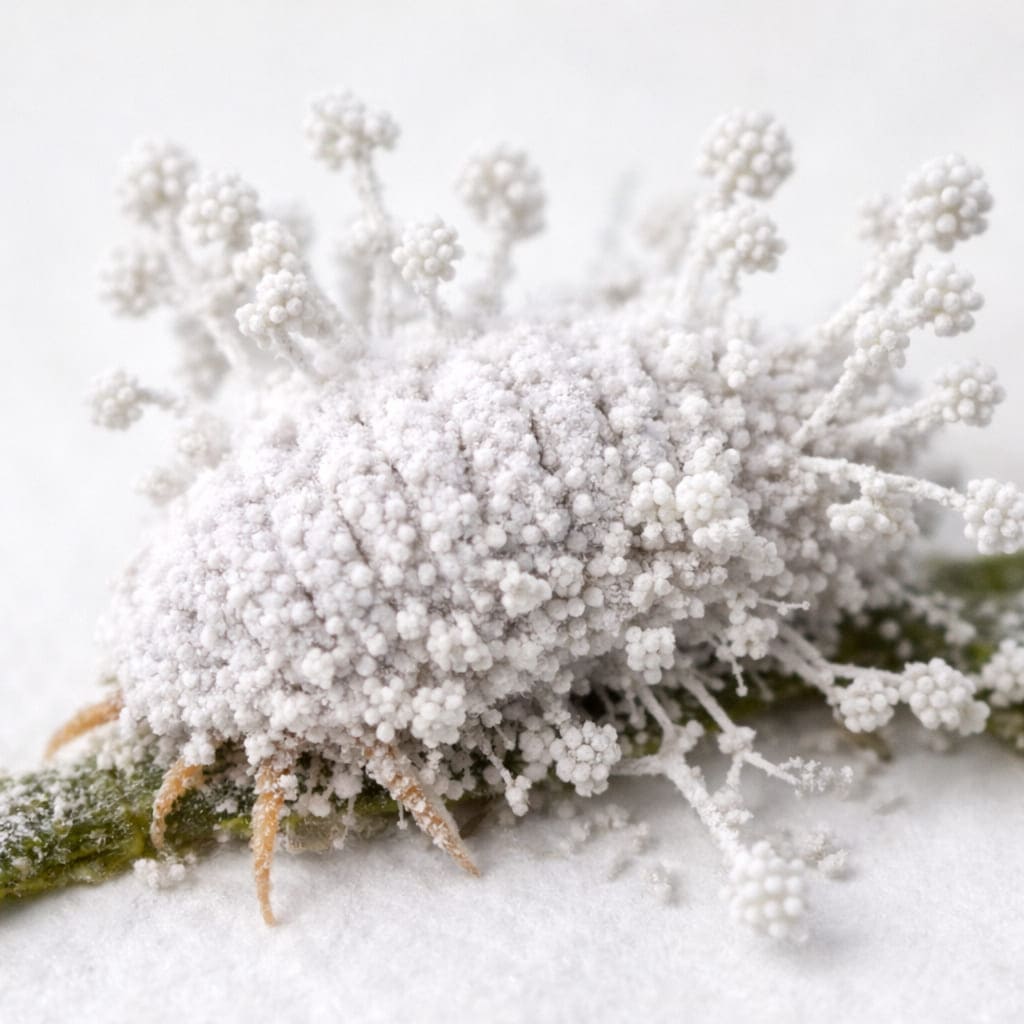 เชื้อราบิวเวอเรีย บาสเซียนา เจริญบนตัวเพลี้ยแป้ง แสดงการกำจัดแบบชีวภาพ