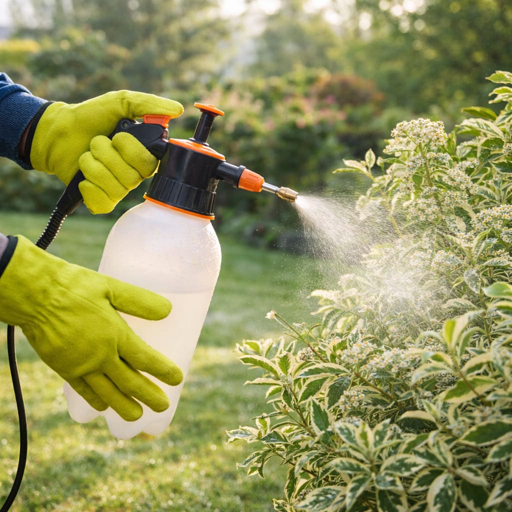 การฉีดพ่นสารเคมีกำจัดเพลี้ยแป้งในสวน สวมถุงมือป้องกัน