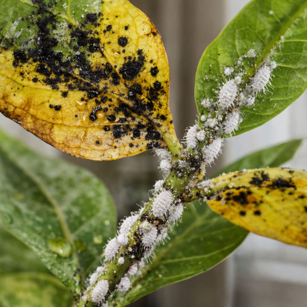 ใบไม้เหลืองและมีราดำจากการทำลายของเพลี้ยแป้ง