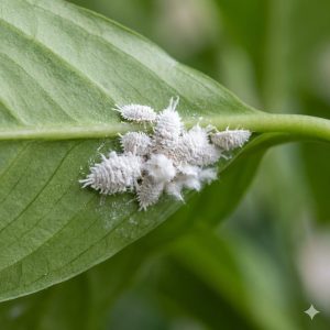 เพลี้ยแป้งสีขาวเกาะกลุ่มบนใบไม้สีเขียว แสดงลักษณะปุยขาวชัดเจน