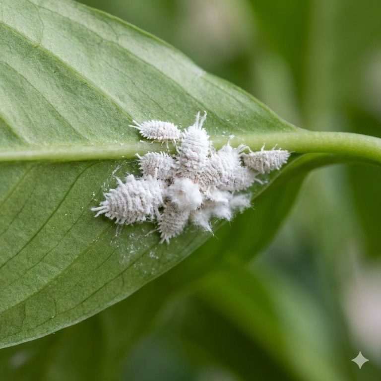 เพลี้ยแป้งสีขาวเกาะกลุ่มบนใบไม้สีเขียว แสดงลักษณะปุยขาวชัดเจน