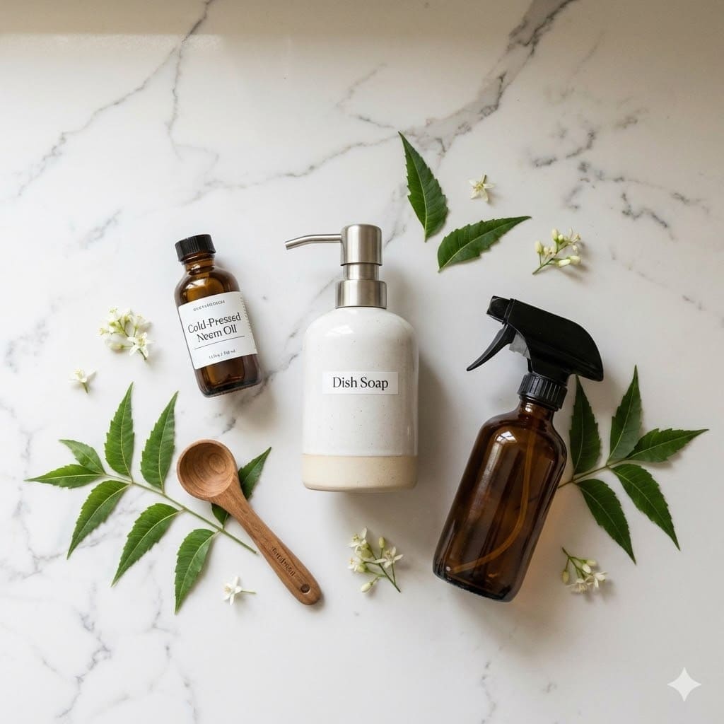 อุปกรณ์ทำสูตรน้ำมันสะเดากำจัดเพลี้ยแป้ง ได้แก่ น้ำมันสะเดา น้ำยาล้างจาน ขวดสเปรย์