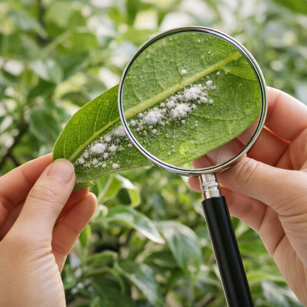 การตรวจสอบใต้ใบต้นไม้ใหม่ก่อนนำเข้าสวน เพื่อป้องกันเพลี้ยแป้ง