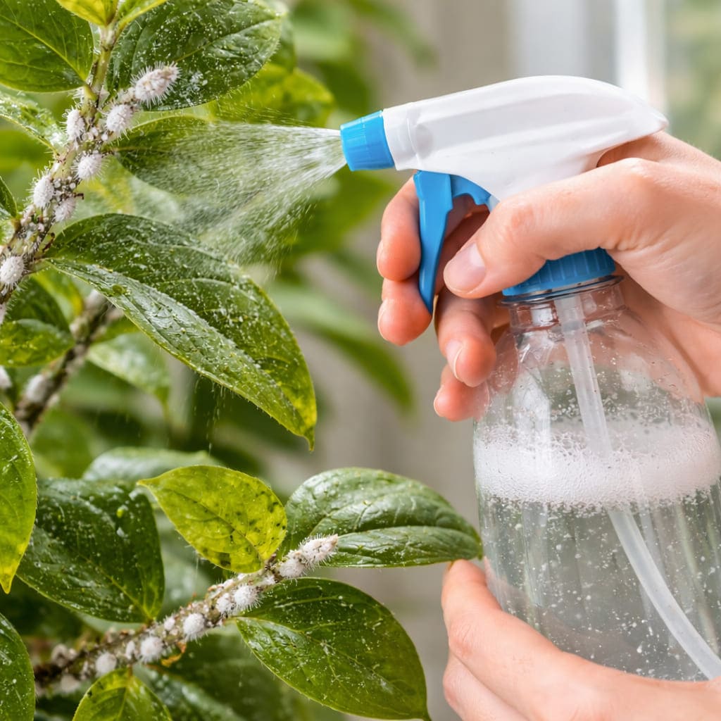 การฉีดพ่นน้ำสบู่กำจัดเพลี้ยแป้งบนใบไม้