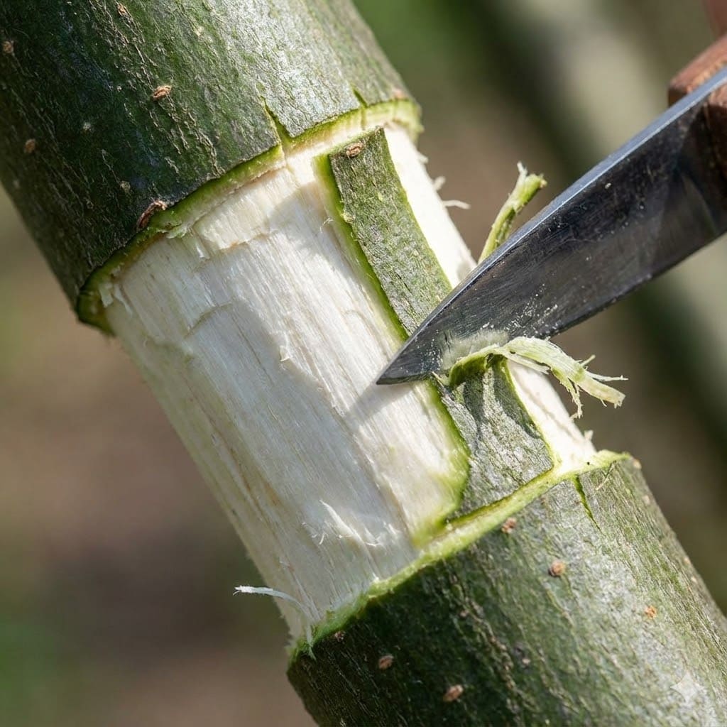 กิ่งไม้ที่ลอกเปลือกออกแล้ว เห็นเนื้อไม้สีขาวหลังขูดเยื่อเจริญสีเขียวออก