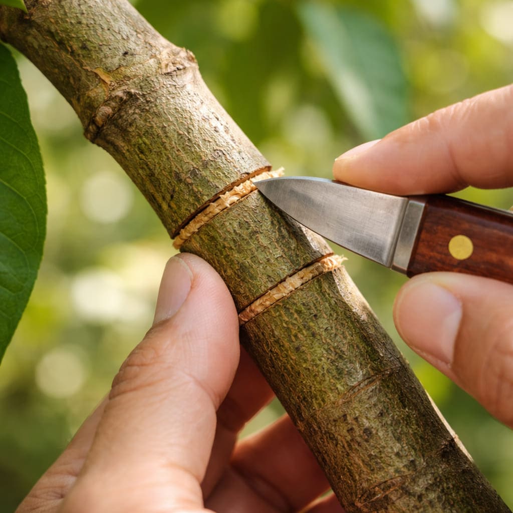 มือใช้มีดควั่นเปลือกกิ่งไม้เป็นวงกลม 2 รอย ห่างกันประมาณ 2 เซนติเมตร