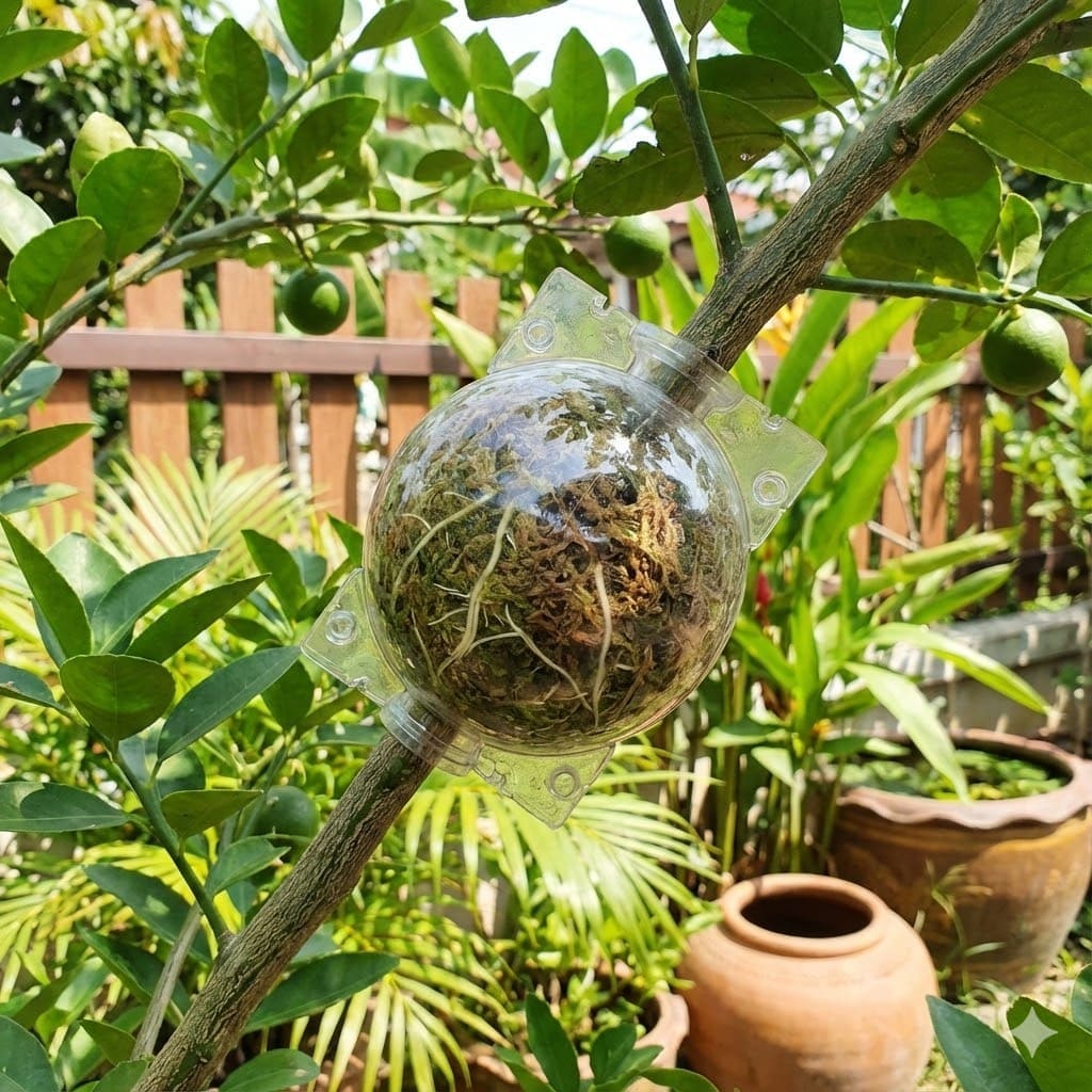 การตอนกิ่งมะนาวที่มีรากสีขาวงอกออกมา ต้นมะนาวในสวนบ้าน