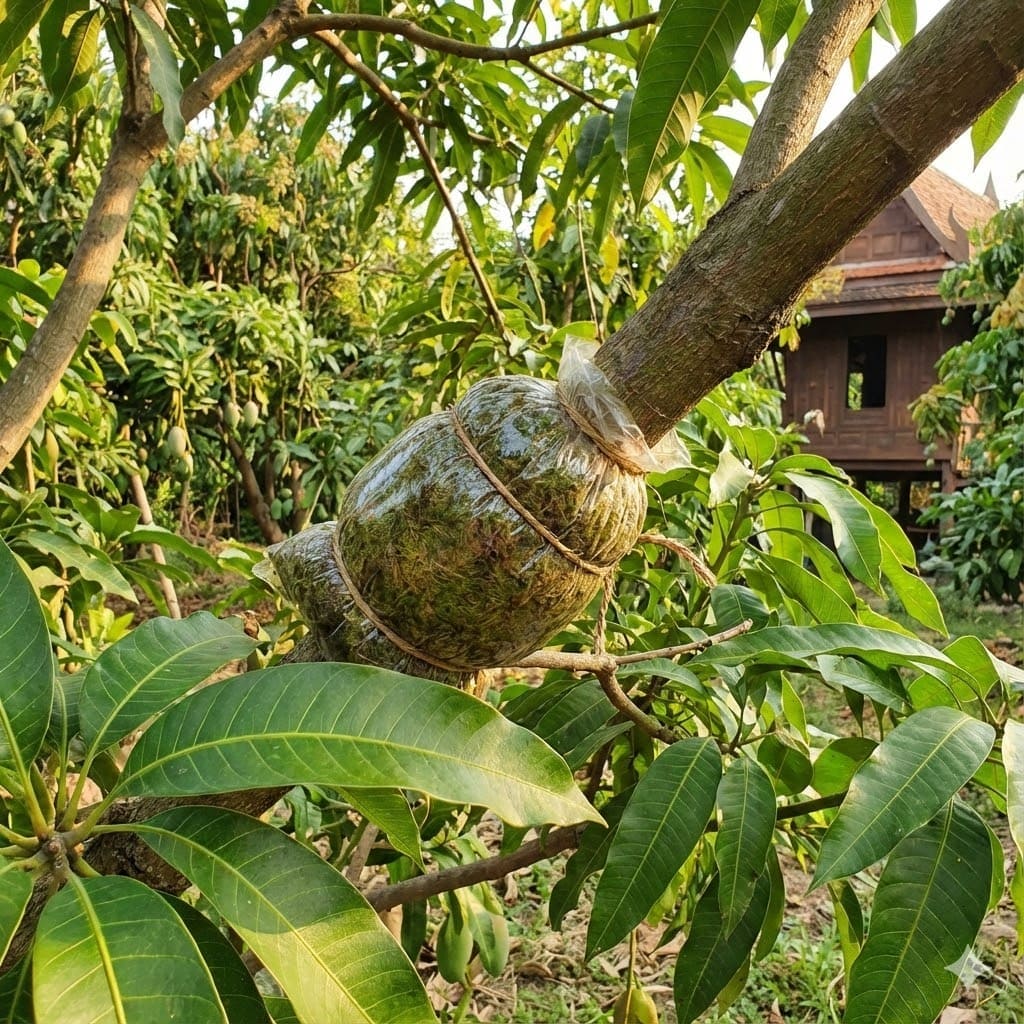 การตอนกิ่งมะม่วงในสวน ตุ้มตอนติดอยู่บนกิ่งมะม่วง ใบมะม่วงเขียวขจี