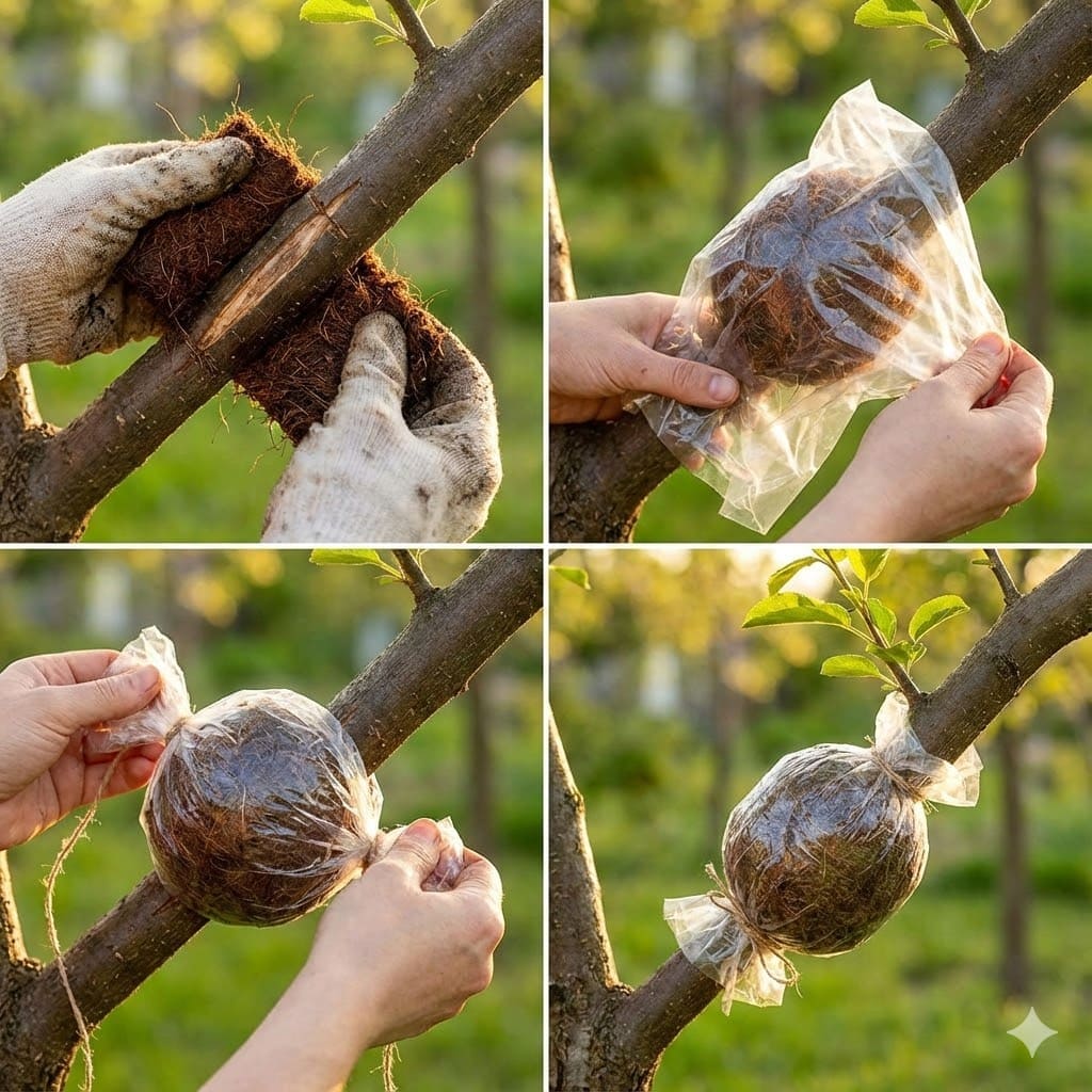 มือกำลังหุ้มขุยมะพร้าวชื้นรอบรอยแผล แล้วห่อด้วยถุงพลาสติกใส มัดเชือกแน่น