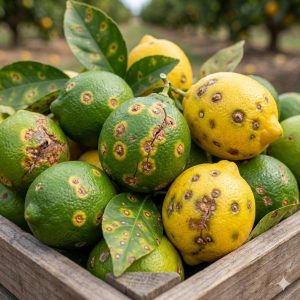 ผลเลมอนและมะนาวที่เป็นโรคแคงเกอร์รุนแรง แสดงอาการจุดแผลสีน้ำตาลนูนและมีวงเหลืองล้อมรอบทั่วทั้งผล