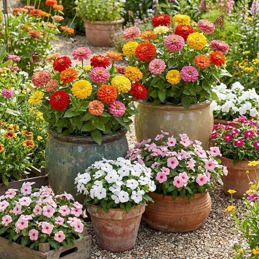 บานชื่นหลากสีและแพงพวยดอกชมพูขาวในกระถาง ดอกดกสีสด