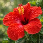 ดอกชบาแดงบานสะพรั่ง กลีบดอก 5 กลีบสีแดงสด เกสรยาวชูขึ้นตรงกลาง ปลายเกสรสีเหลืองทอง