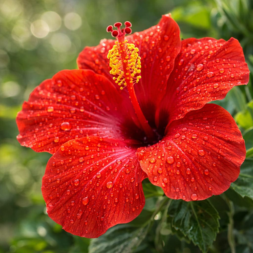 ดอกชบาแดงบานสะพรั่ง กลีบดอก 5 กลีบสีแดงสด เกสรยาวชูขึ้นตรงกลาง ปลายเกสรสีเหลืองทอง