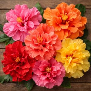 ดอกชบาซ้อนหลายสี ชมพู ส้ม เหลือง แดง กลีบดอกซ้อนหลายชั้นสวยงาม