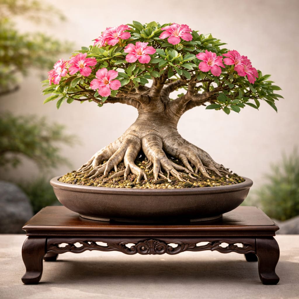 ชวนชม บอนไซ รากโผล่สวยงาม ลำต้นบิดเกลียว ดอกชมพูบาน