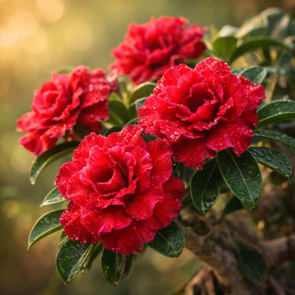 ดอกชวนชมซ้อนสีแดงเข้ม กลีบดอกหลายชั้นซ้อนสวยงาม