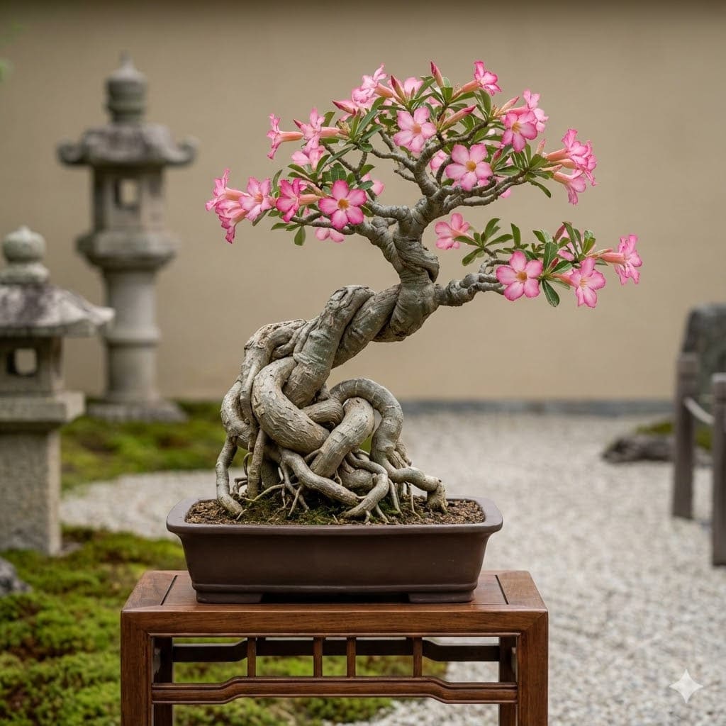 ชวนชมบอนไซ รากโผล่สวยงาม ลำต้นบิดเกลียว ดอกชมพูบาน