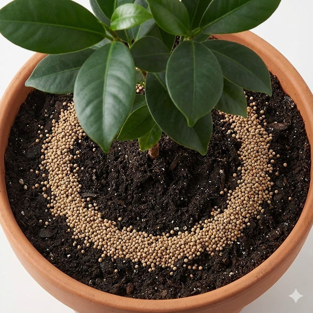 มุมมองจากด้านบนแสดงปุ๋ยเม็ดโรยเป็นวงกลมรอบโคนต้นไม้ ไม่ชิดลำต้น เห็นระยะห่างระหว่างปุ๋ยกับโคนต้นชัดเจน