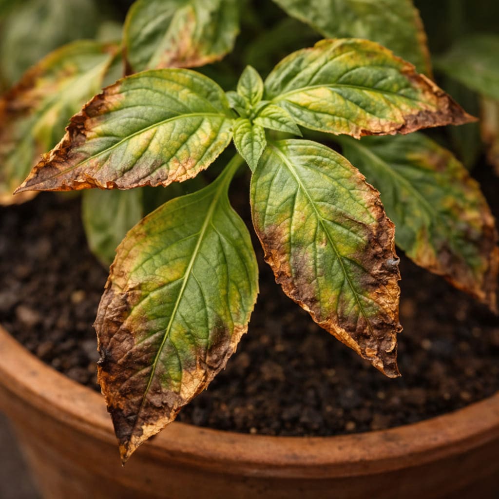 ใบไม้แสดงอาการรากไหม้จากปุ๋ยมากเกินไป ขอบใบไหม้สีน้ำตาล ใบเหลืองระหว่างเส้นใบ เป็นตัวอย่างข้อผิดพลาด