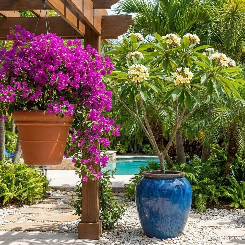 เฟื่องฟ้าสีม่วงในกระถางแขวนและลั่นทมดอกขาวเหลืองในกระถางใหญ่