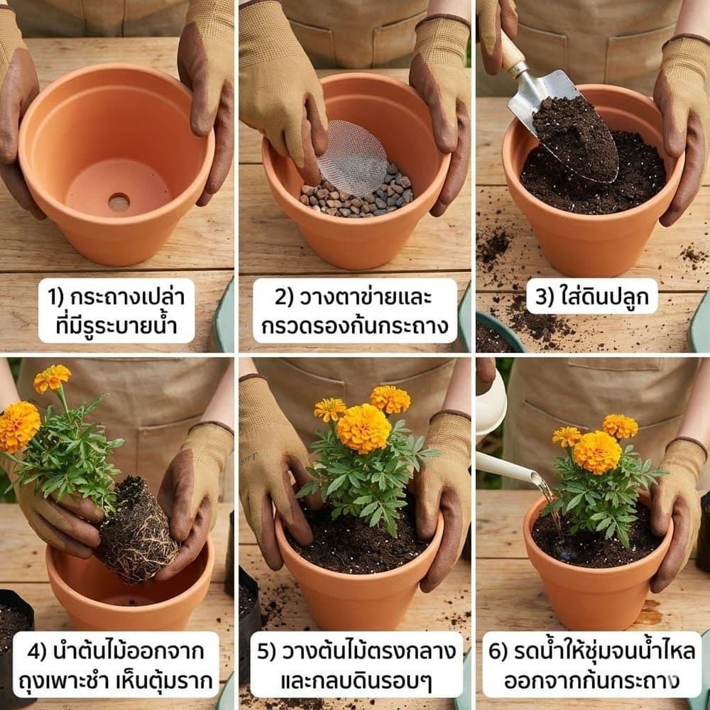 6 ขั้นตอนการปลูกดอกไม้ในกระถาง รองก้น ใส่ดิน ลงต้น กลบดิน รดน้ำ