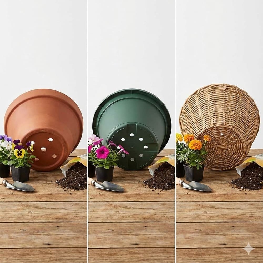 กระถางสามประเภท กระถางดินเผา กระถางพลาสติก และกระถางหวาย พร้อมรูระบายน้ำ