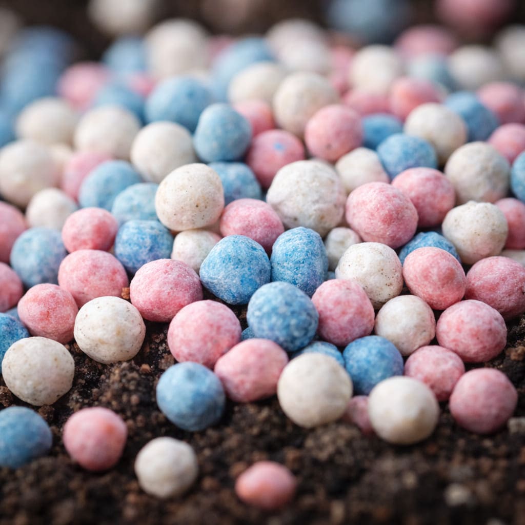 ปุ๋ยเม็ด NPK หลากสีระยะใกล้ มีเม็ดสีฟ้า ชมพู และขาวบนดินสีเข้ม แสดงรายละเอียดเม็ดปุ๋ยชัดเจน