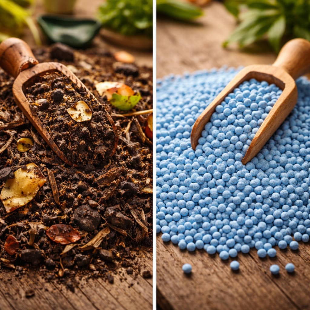 ภาพเปรียบเทียบปุ๋ยอินทรีย์สีน้ำตาลด้านซ้ายและปุ๋ยเคมีเม็ดสีฟ้าด้านขวา วางบนพื้นไม้ แสงธรรมชาติ