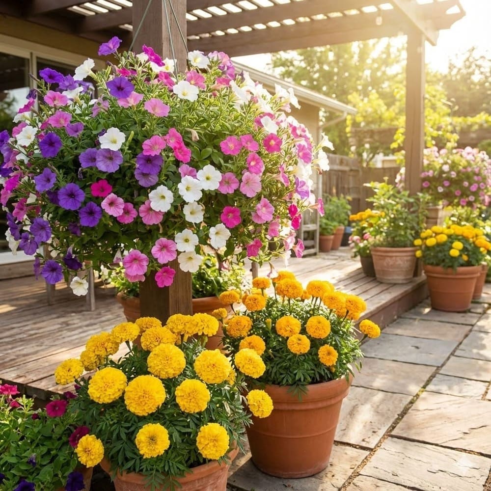 พิทูเนียในกระเช้าแขวนดอกม่วงชมพูและดาวเรืองดอกเหลืองทองในกระถาง