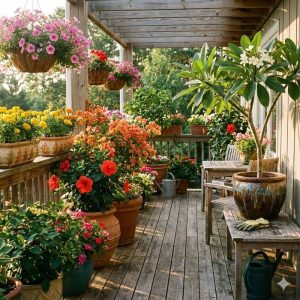 ดอกไม้หลากสีในกระถางหลายใบบนระเบียงบ้าน พิทูเนีย ชบา เฟื่องฟ้า ดาวเรือง