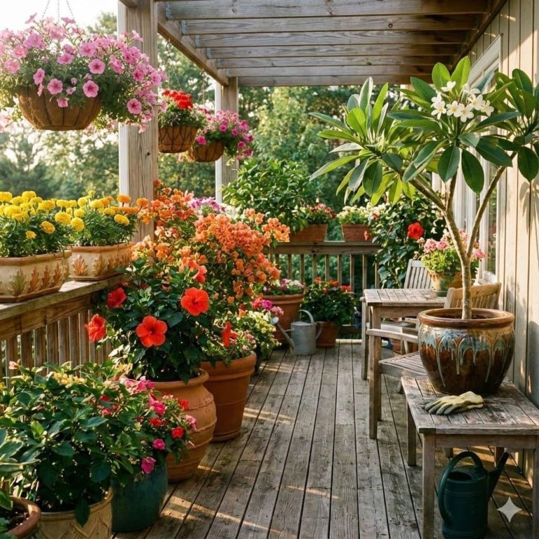 ดอกไม้หลากสีในกระถางหลายใบบนระเบียงบ้าน พิทูเนีย ชบา เฟื่องฟ้า ดาวเรือง