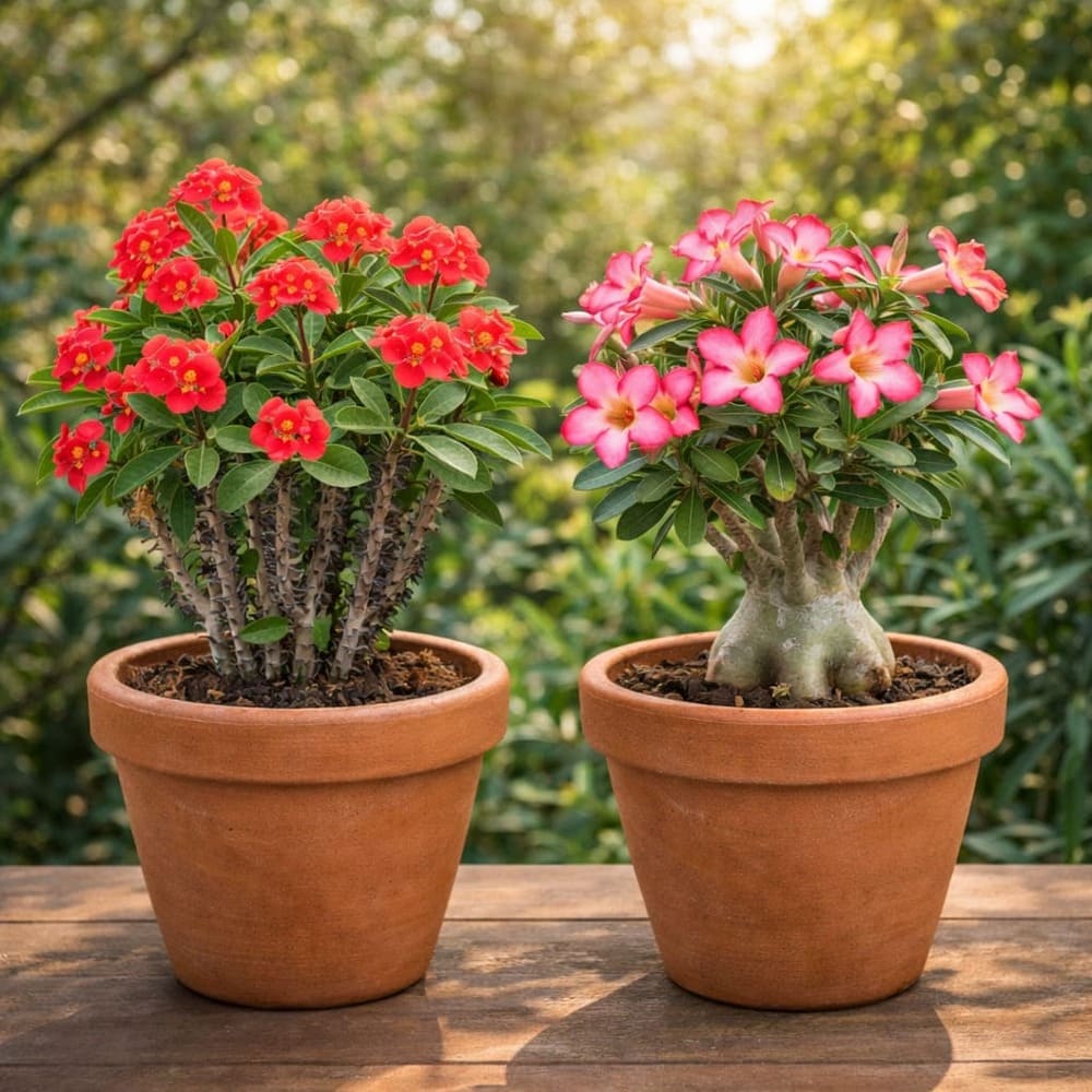 โป๊ยเซียนดอกแดงและชวนชมดอกชมพูในกระถางดินเผา ไม้ดอกทนแดดทนแล้ง