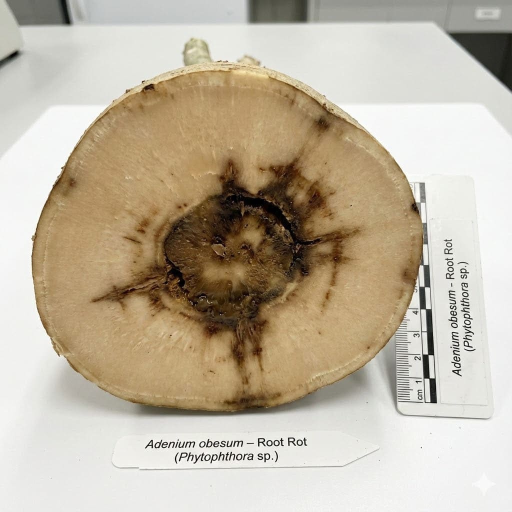 รากเน่าชวนชม ภาพตัดขวางโขดแสดงเนื้อเน่าสีดำด้านใน