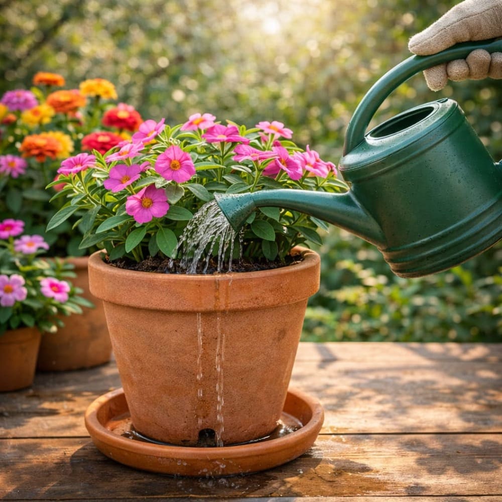 การรดน้ำดอกไม้ในกระถางที่ถูกวิธี รดที่โคนต้น น้ำไหลออกจากรูก้นกระถาง