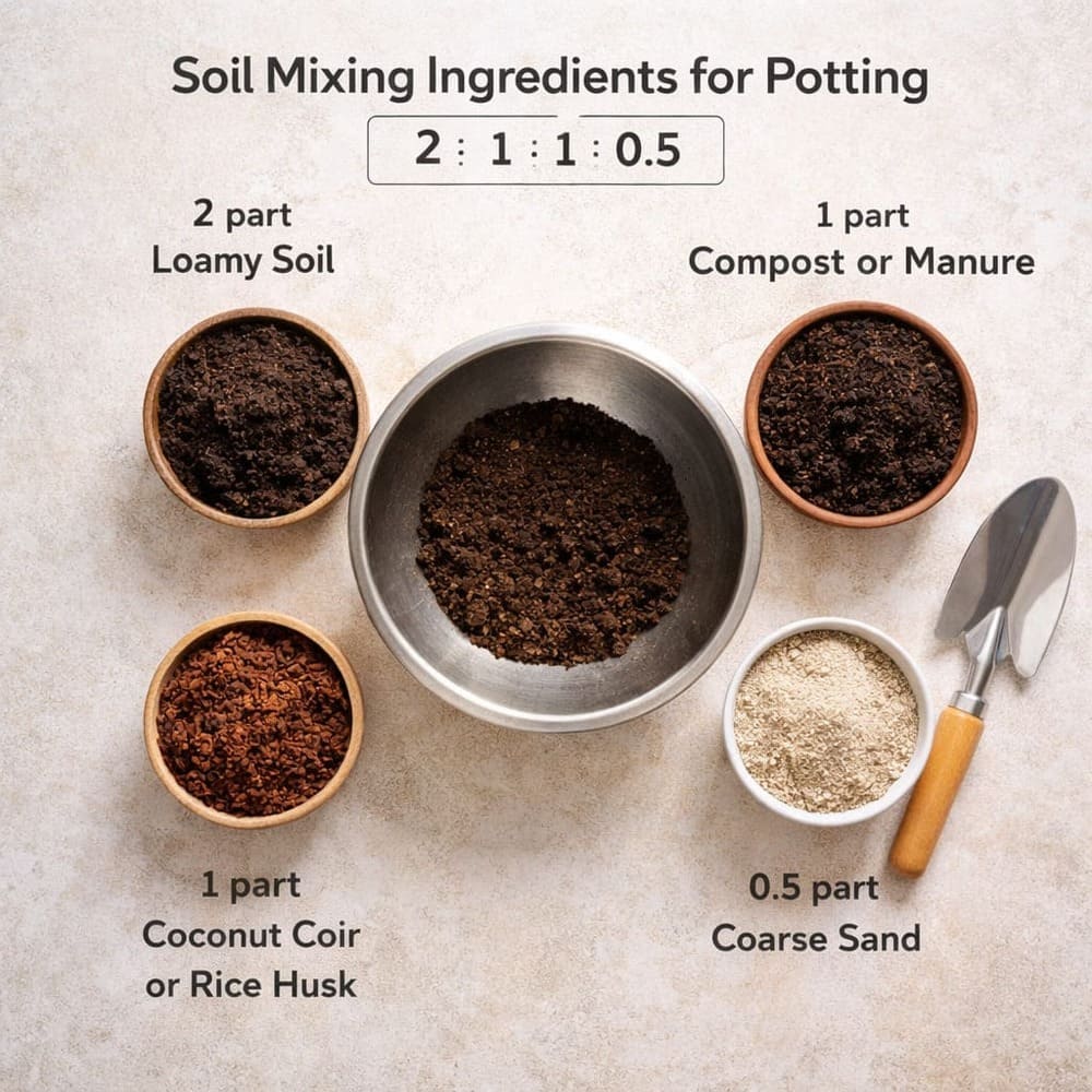 ส่วนผสมดินปลูกไม้ดอก ดินร่วน ปุ๋ยหมัก ขุยมะพร้าว ทรายหยาบ อัตราส่วน 2:1:1:0.5