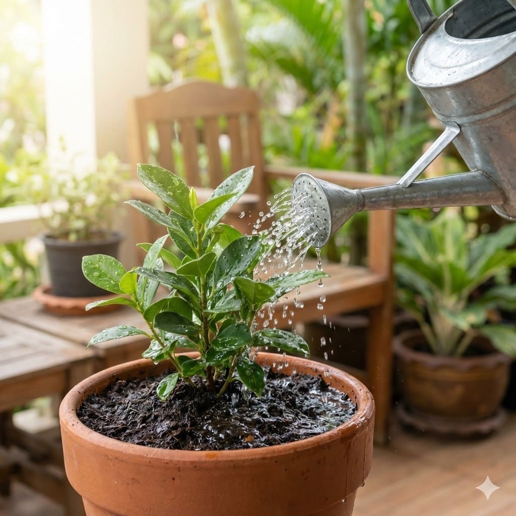 บัวรดน้ำกำลังรดน้ำลงดินในกระถาง เห็นหยดน้ำและดินชื้นสีเข้ม ใบไม้สีเขียวสดใส แสงยามเช้าอ่อนนุ่ม