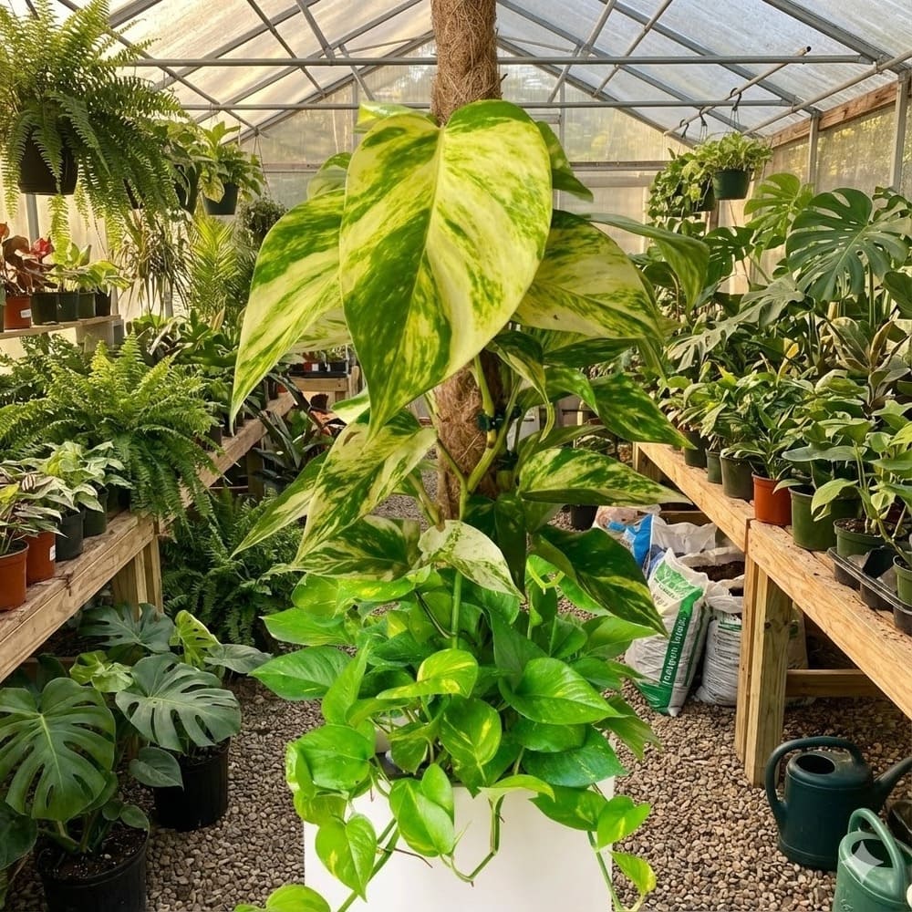 ต้นพลูด่างใบด่างขาว (Marble Queen) ลายสวยตัดสีเขียว พุ่มแน่นในกระถางดินเผา วางตกแต่งบนโต๊ะไม้ในสวน