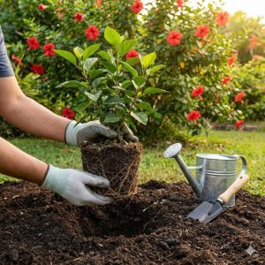 การปลูกต้นชบา มือจับต้นกล้าชบาพร้อมตุ้มดิน หลุมปลูกเตรียมไว้พร้อมดินผสม