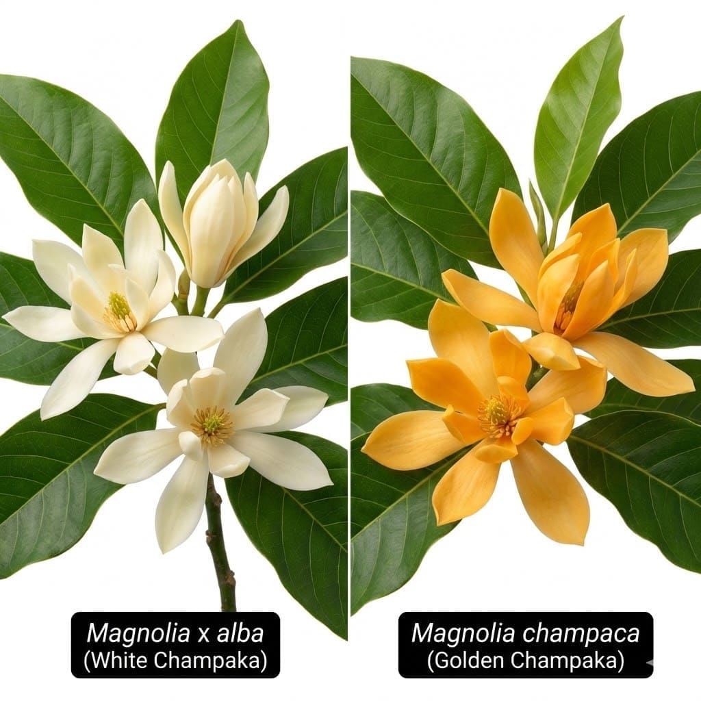 เปรียบเทียบดอกจำปีสีขาวนวล (ซ้าย) กับดอกจำปาสีเหลืองส้ม (ขวา) แสดงความแตกต่างของขนาดและสีดอก