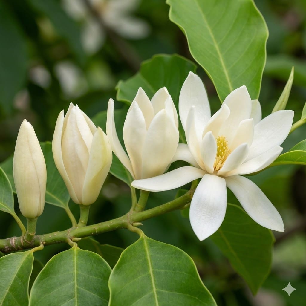 ดอกจำปีระยะใกล้ แสดงกลีบดอกสีขาวนวล 12-15 กลีบ ตั้งแต่ดอกตูมจนบานเต็มที่